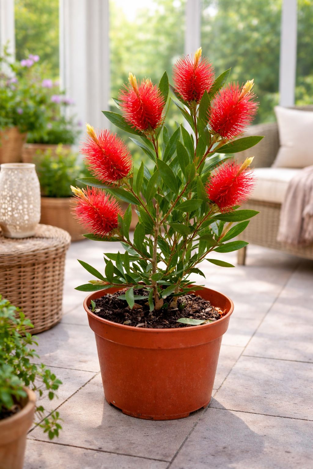 Karminroter Zylinderputzer 40–60 cm – Callistemon laevis Kübelpflanze – Flaschenputzer rot winterhart bedingt mediterrane Balkonpflanze