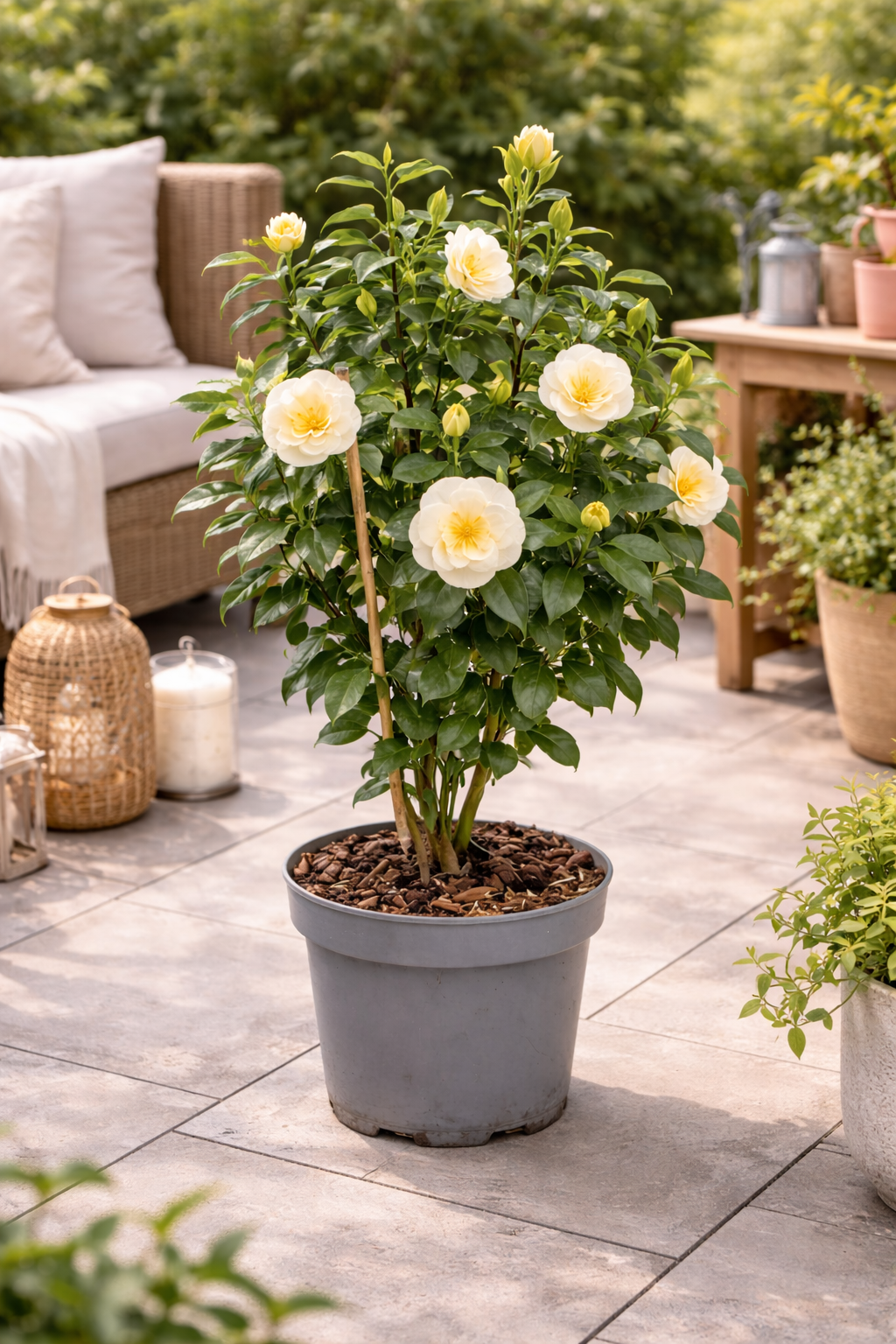 Camellia japonica ‘Brushfield’s Yellow’ – Japanische Kamelie cremegelb | Winterharte Kamelie, Immergrüner Zierstrauch, Gartenpflanze