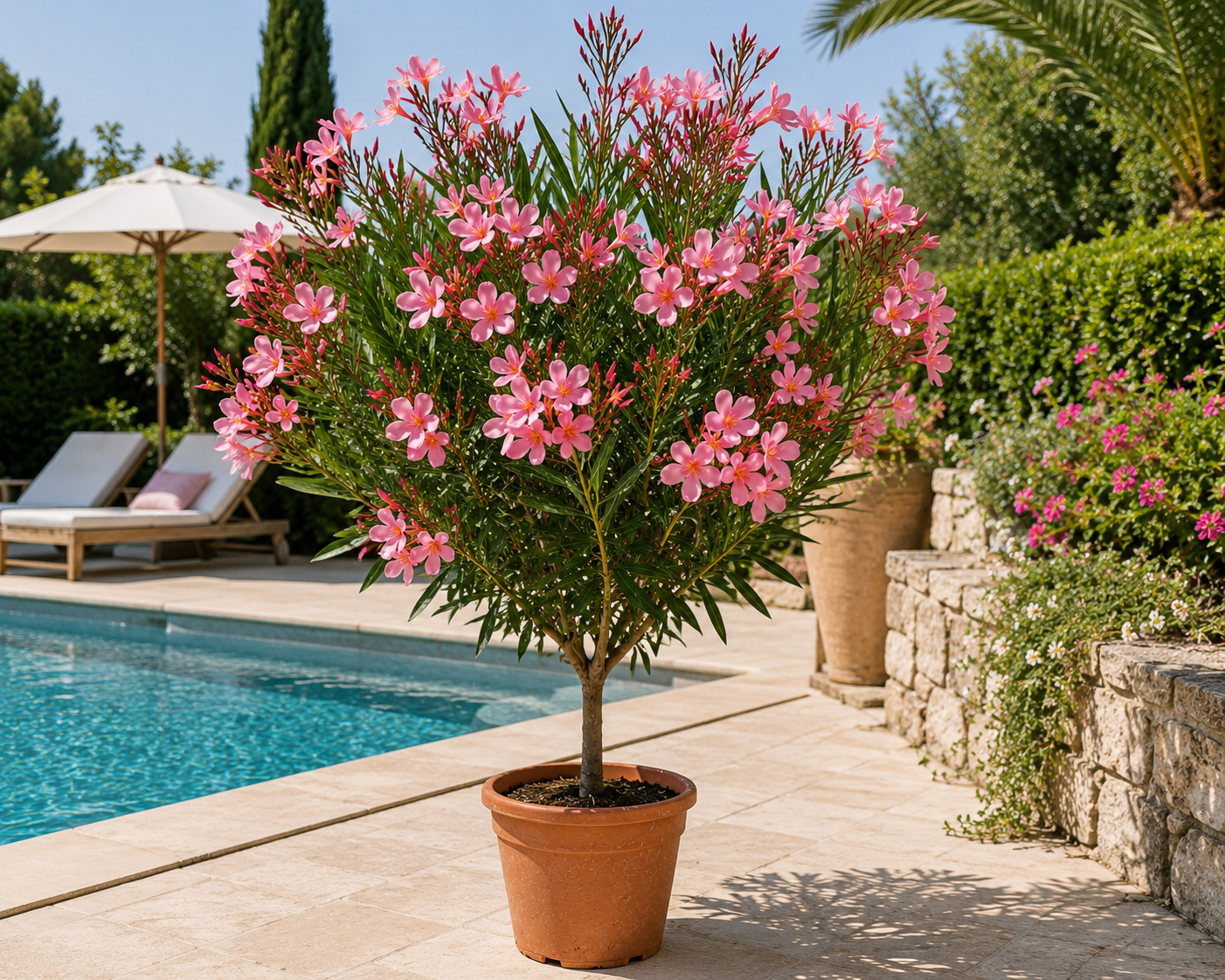 Oleander Stämmchen 'Soleil Levant' 120–150 cm – Nerium oleander Hochstamm mediterrane Kübelpflanze mit Blüten