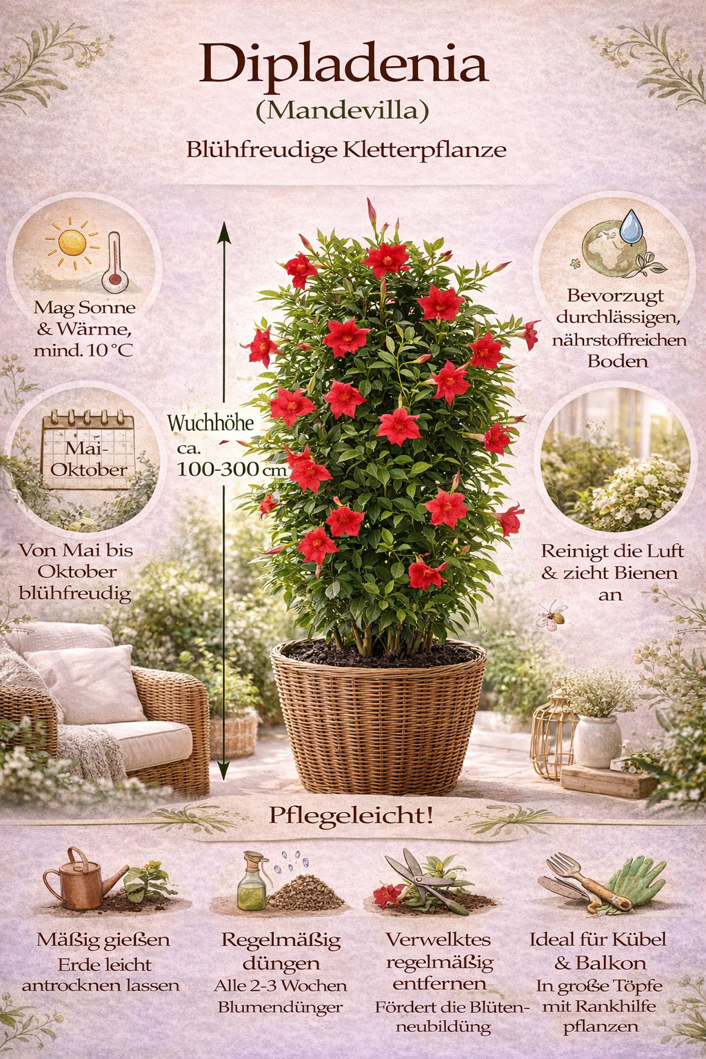Mandevilla rot 80 cm - Dipladenia - Exotische Kletter-Schönheit für Balkon oder Terrasse