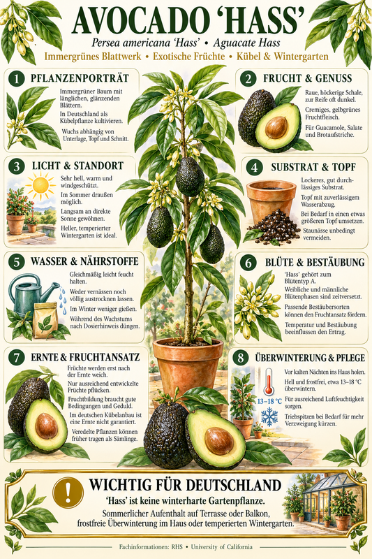 Avocadobaum ‘Hass’ – Avocado-Pflanze (Persea americana) für Kübel, Terrasse & Wintergarten – 150–200 cm inkl. Topf