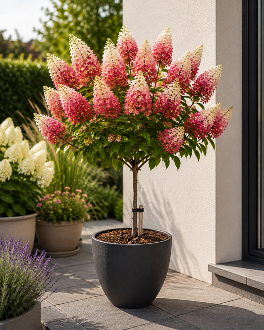 Hydrangea paniculata 'Wim's Red' Stämmchen 100–120 cm – Rispenhortensie auf Stamm – winterharte Blütenhortensie für Garten, Terrasse & Kübel