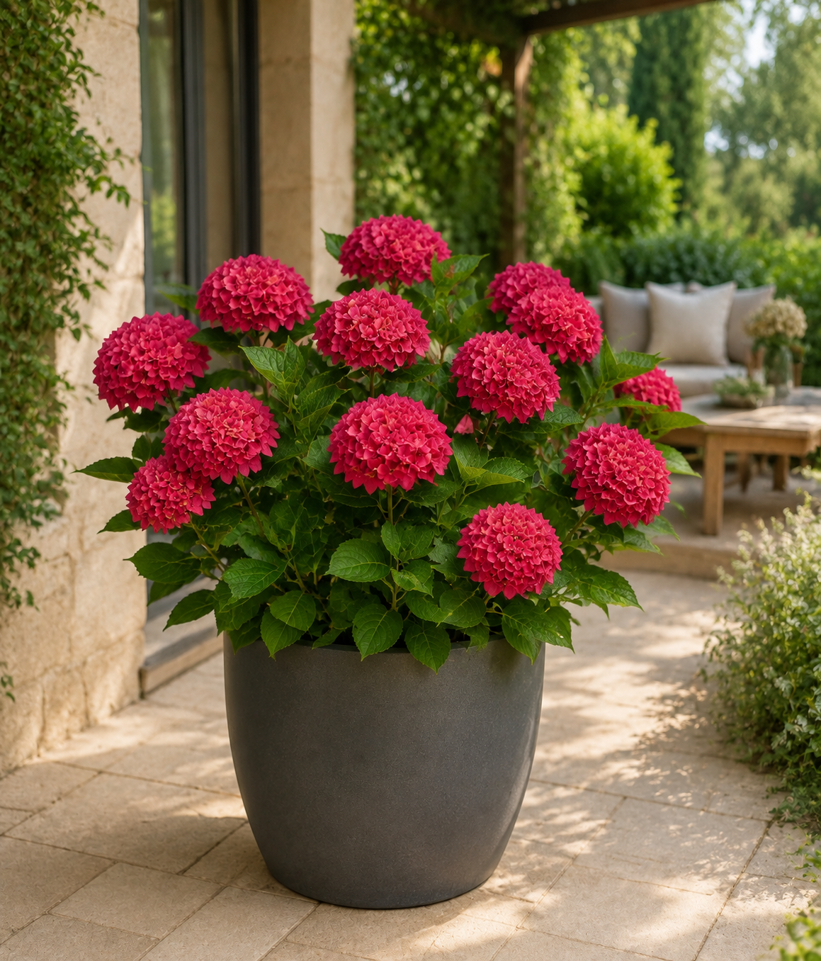 Hortensie ‘Alpenglühen’ – rote Bauernhortensie Hydrangea macrophylla im 2-Liter-Topf