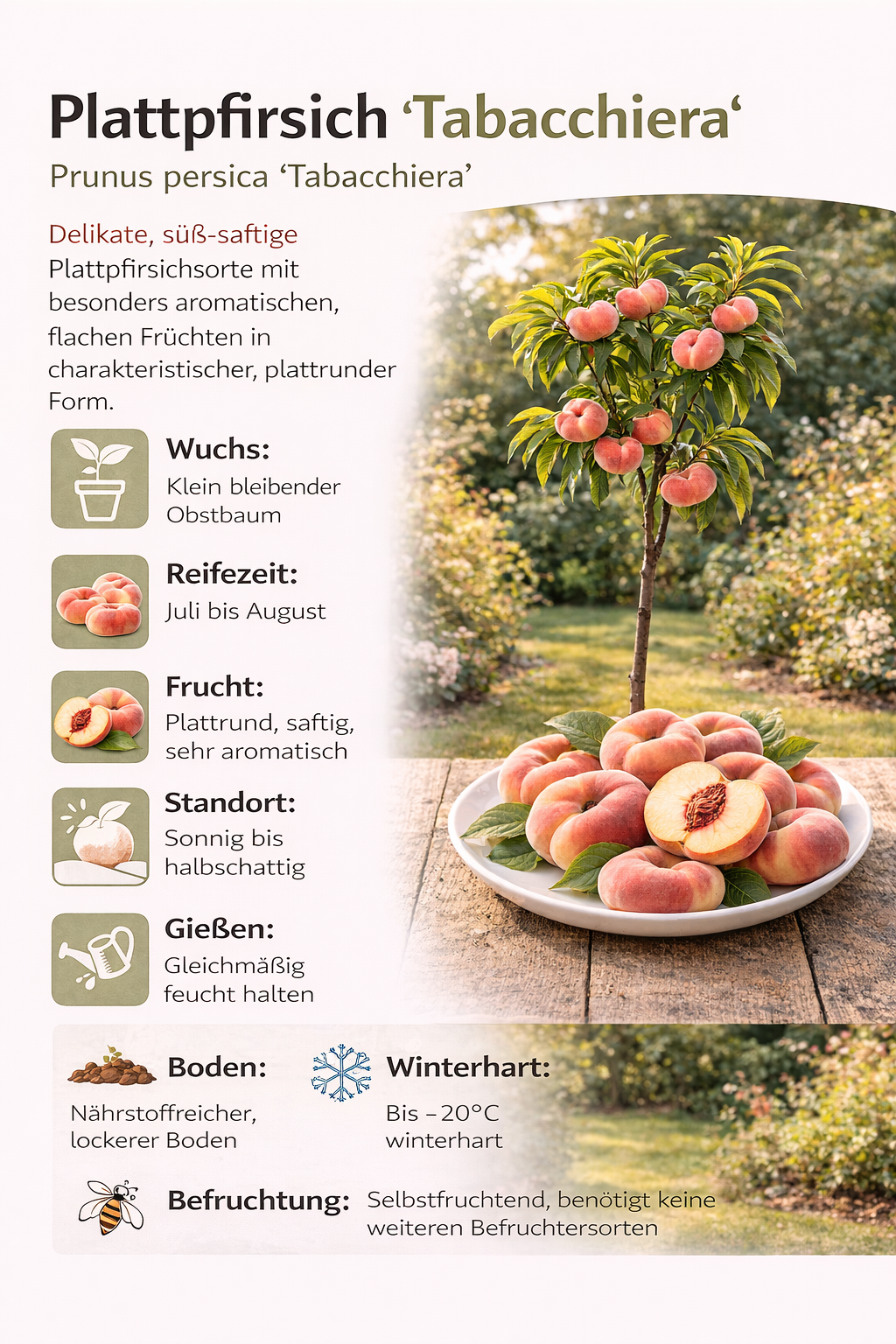 Plattpfirsich Tabacchiera - Prunus Persica - Flachpfirsichbaum / Tellerpfirsich | Obstbaum 100–140 cm