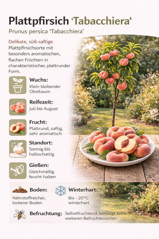 Plattpfirsich Tabacchiera - Prunus Persica - Flachpfirsichbaum / Tellerpfirsich | Obstbaum 100–140 cm