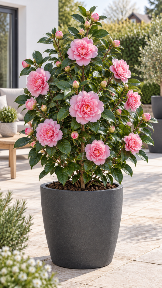 Rosa Kamelie ca. 50 cm – Camellia mit eleganten Blüten für Kübel, Terrasse und Wintergarten