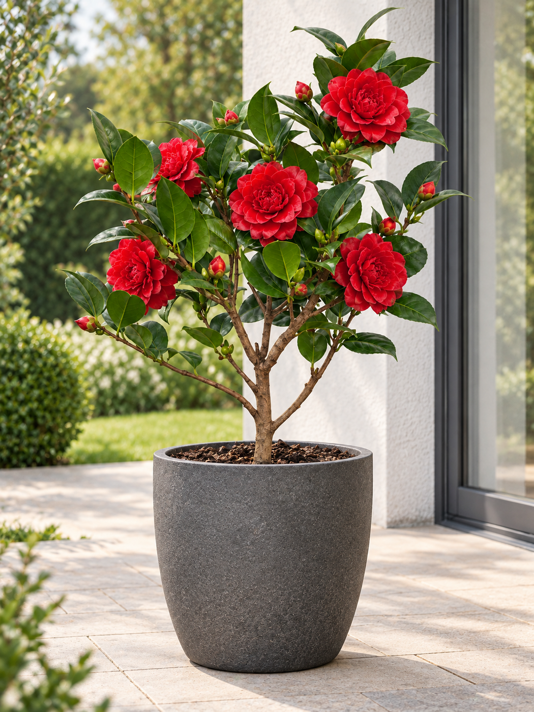 Rote Kamelie ca. 50 cm – Camellia mit eleganten Blüten für Kübel, Terrasse und Wintergarten