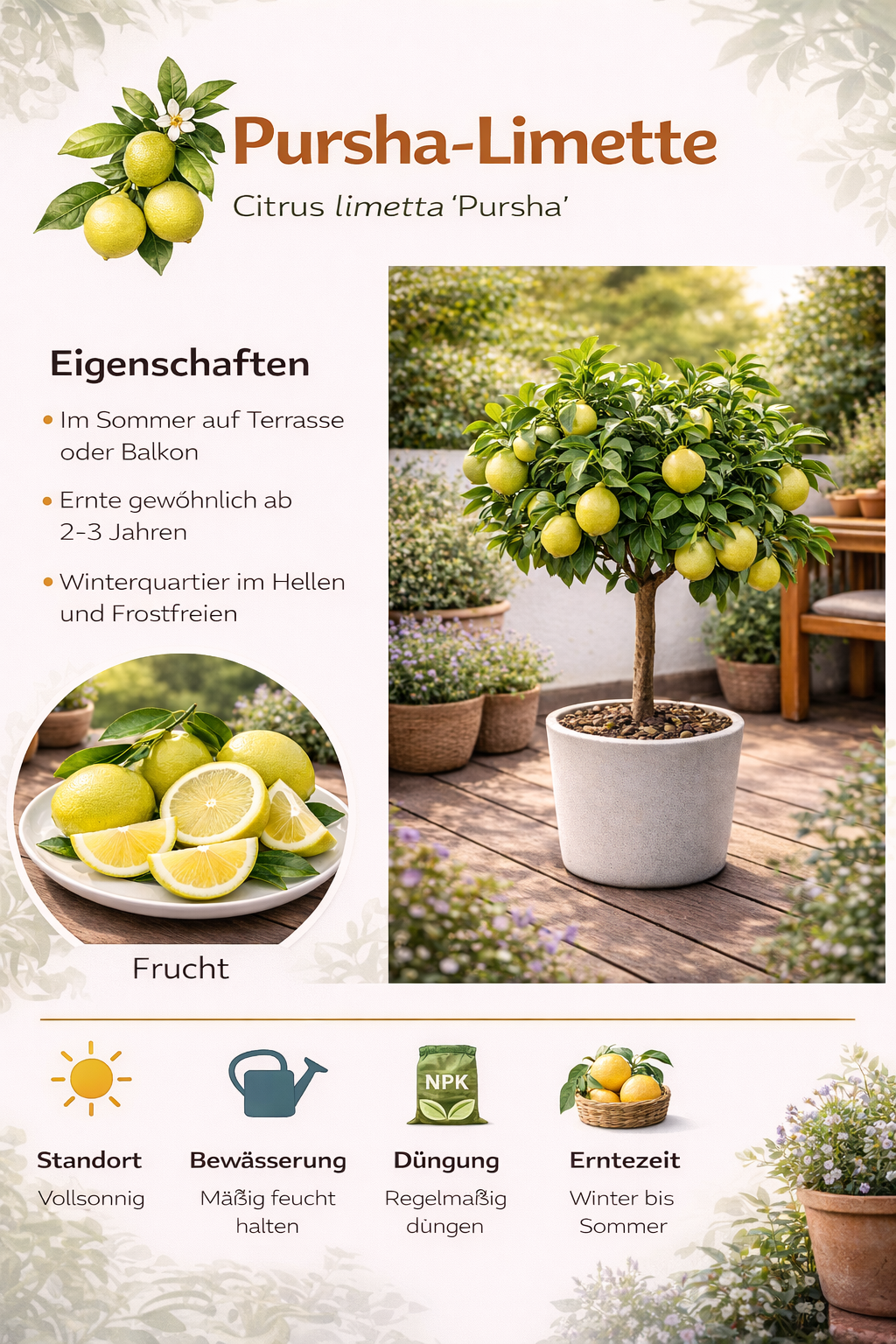 Römische Limette Pursha Citrus limetta Süße Limette Zitruspflanze 70–100 cm Mediterrane Kübelpflanze für Terrasse Garten Wintergarten