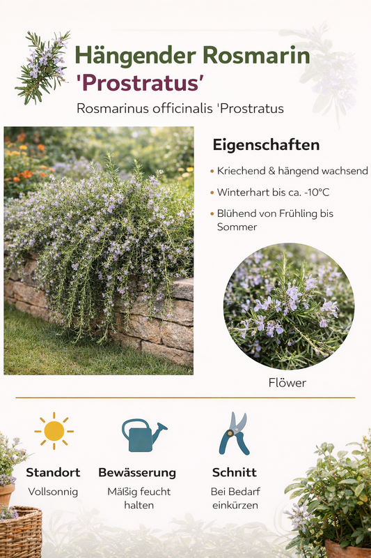 Hängender Rosmarin Prostratus winterhart Kriechrosmarin 3L Topf immergrün aromatische Kräuterpflanze pflegeleicht