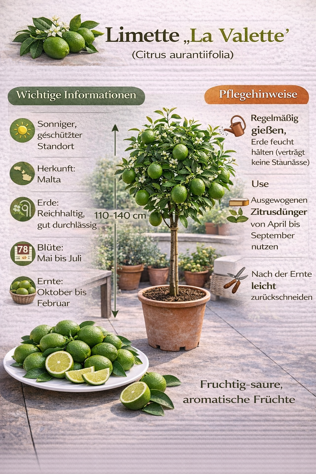 Limette 'La Valette' 110-140 cm - Saure Limette für den Garten | Citrus aurantiifolia