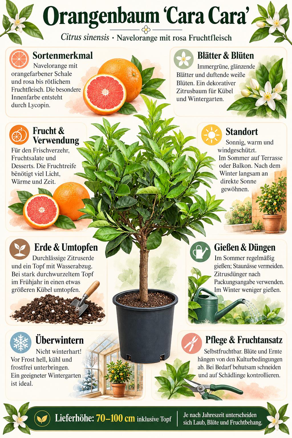 Orangenbaum ‘Cara Cara’ – Citrus sinensis, süße Navelorange mit rosa Fruchtfleisch für Balkon & Terrasse – 70–100 cm inkl. Topf