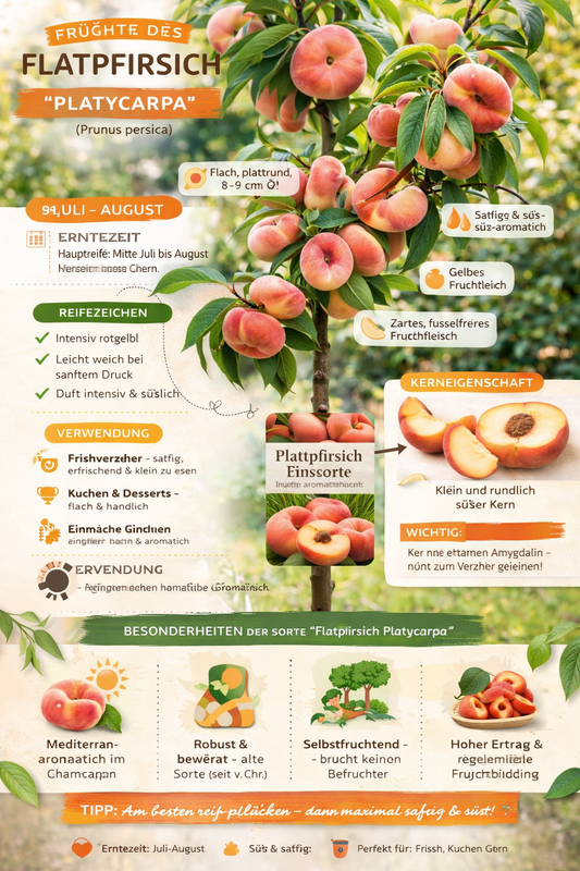 Plattpfirsich „Platycarpa“ – Prunus persica | Flachpfirsich-Baum 160–120 cm | Obstbaum winterhart