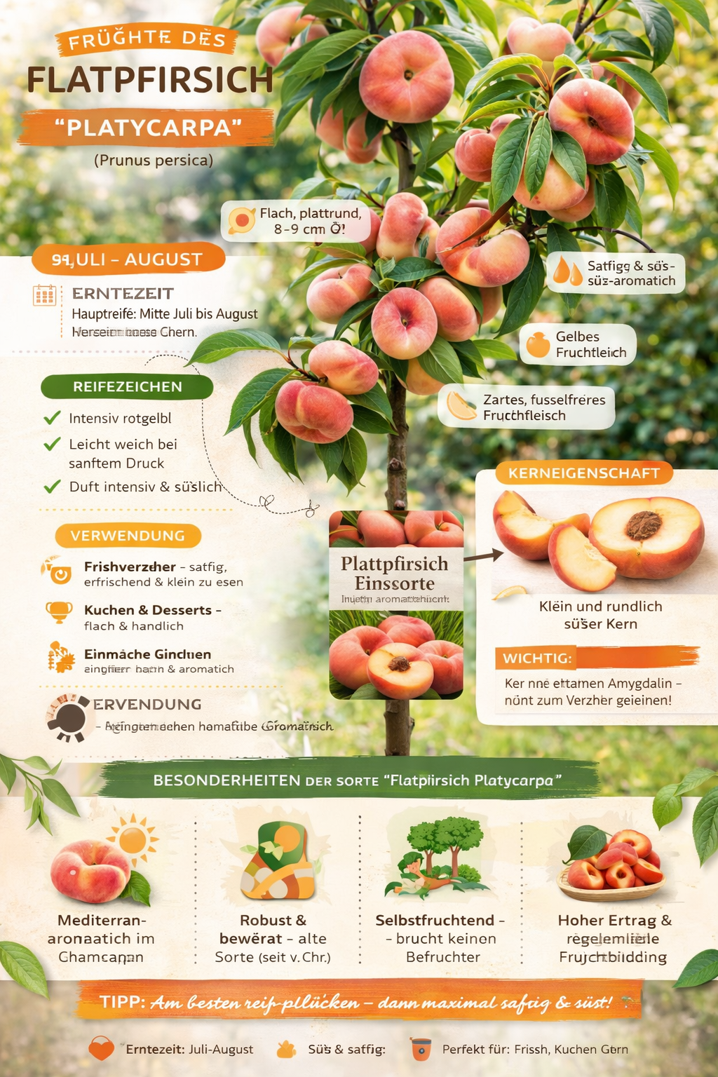 Plattpfirsich „Platycarpa“ – Prunus persica | Flachpfirsich-Baum 160–120 cm | Obstbaum winterhart