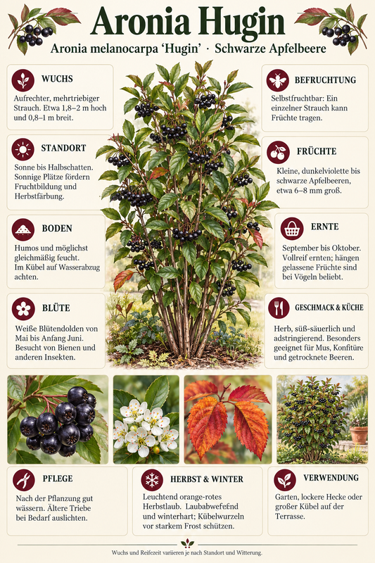 Schwarze Apfelbeere ‘Hugin’ – Aronia melanocarpa – winterharter Beerenstrauch für Garten & Kübel – 40–60 cm inkl. Topf