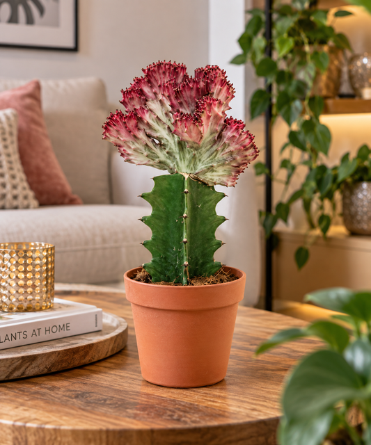 Rote Euphorbia lactea ‘Cristata’ ca. 20 cm im 8,5-cm-Topf – roter Korallenkaktus als außergewöhnliche Zimmerpflanze