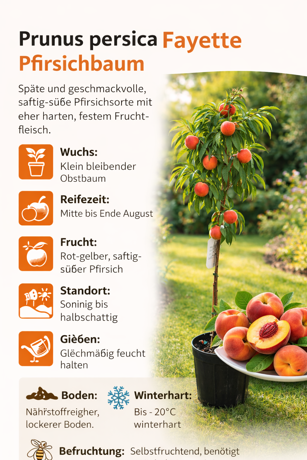 Prunus persica Fayette Pfirsichbaum 120–140 cm – winterharter Pfirsichbaum, süßer Obstbaum für Garten & Terrasse