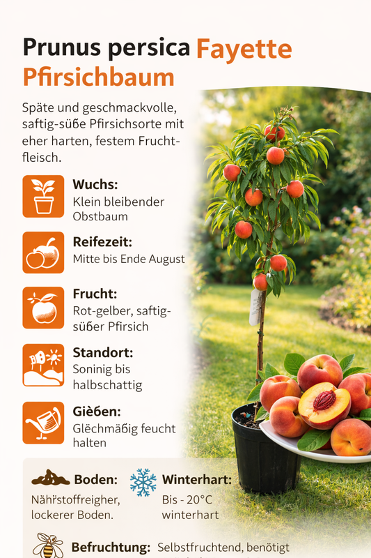 Prunus persica Fayette Pfirsichbaum 120–140 cm – winterharter Pfirsichbaum, süßer Obstbaum für Garten & Terrasse