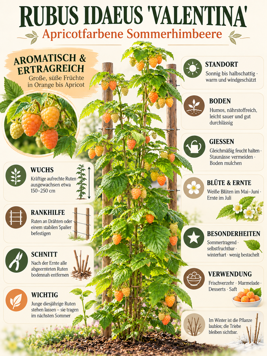 Himbeere ‘Valentina’ – Gelbe Sommerhimbeere | Rubus idaeus ‘Valentina’ | Beerenstrauch 50–70 cm im Topf