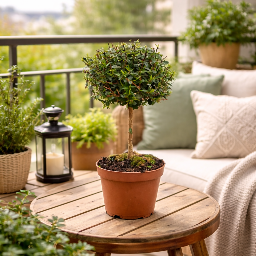 Brautmyrte Stämmchen ca. 50 cm – Echte Myrte (Myrtus communis) –  Immergrünes Stämmchen für Balkon & Terrasse