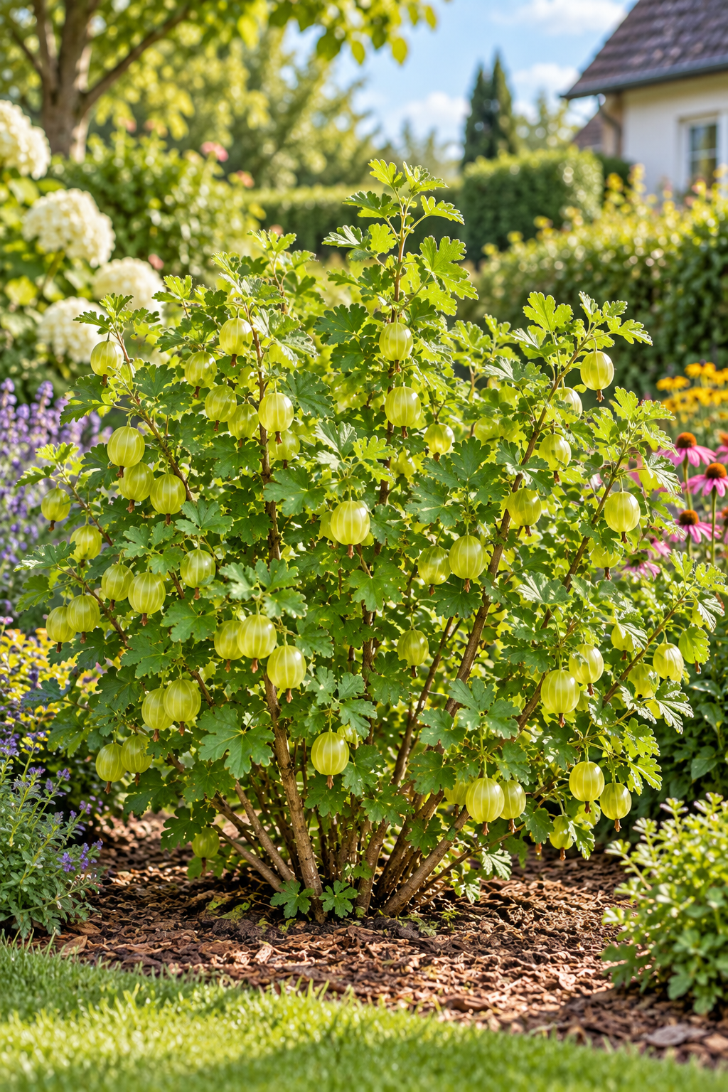 Grüne Stachelbeere ‘Hinnonmäki Grün’ 50–70 cm – Ribes uva-crispa, winterharter Beerenstrauch für Garten und Kübel