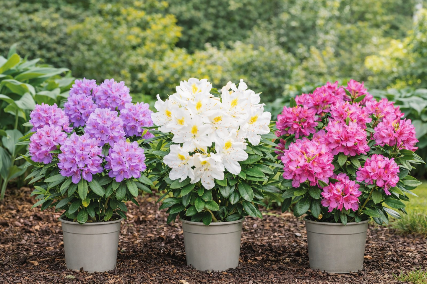 3er-Set Rhododendron / Alpenrose – Lila, Rosa & Weiß – Immergrüne winterharte Gartenpflanzen – Blühsträucher für Beet, Balkon & Kübel – Höhe inkl. Topf 15–20 cm