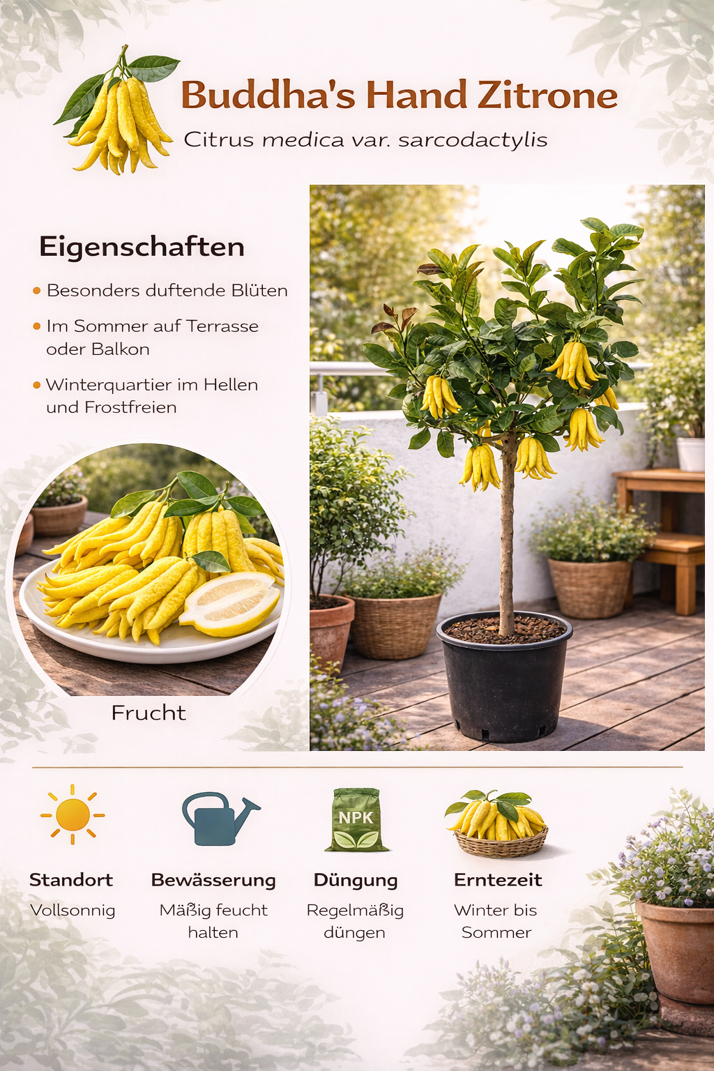 Buddhas Hand Zitrone (Citrus medica) – Exotische Zitruspflanze, 130-170 cm  Duftende Seltenheit für Ihren Garten