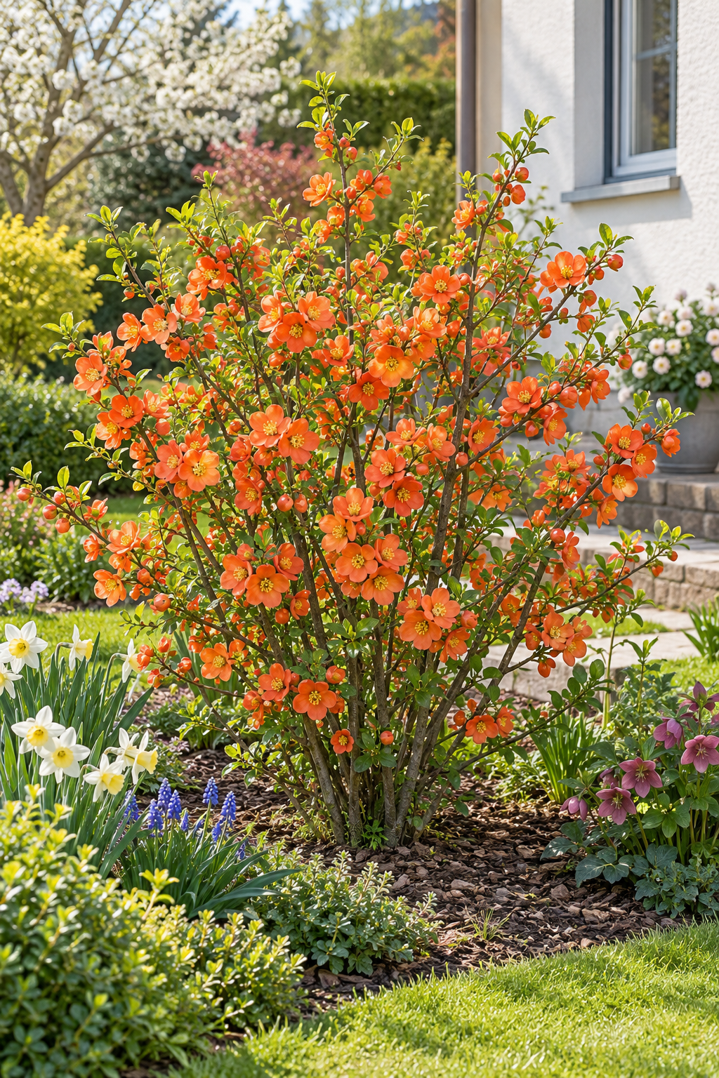 Japanische Zierquitte ‘Rasa’ – Chaenomeles japonica – dornenloser, winterharter Blütenstrauch mit essbaren Früchten – 50–70 cm inkl. Topf