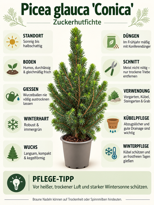 Zuckerhutfichte ‘Conica’ ca. 30 cm – Picea glauca, immergrüne Zwergfichte für Garten, Balkon & Kübel