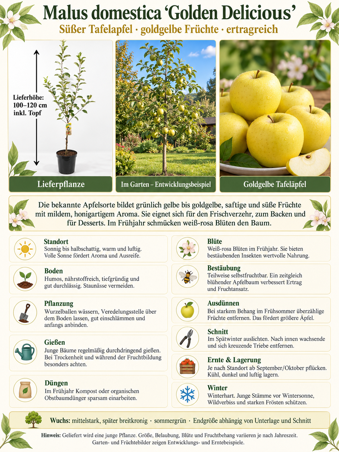 Apfelbaum Golden Delicious 100–120 cm – Malus domestica, ertragreicher Obstbaum mit süßen gelben Äpfeln