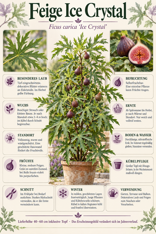 Feige ‘Ice Crystal’ – Ficus carica – Feigenbaum mit dekorativen Blättern für Garten & Kübel – 40–60 cm inkl. Topf