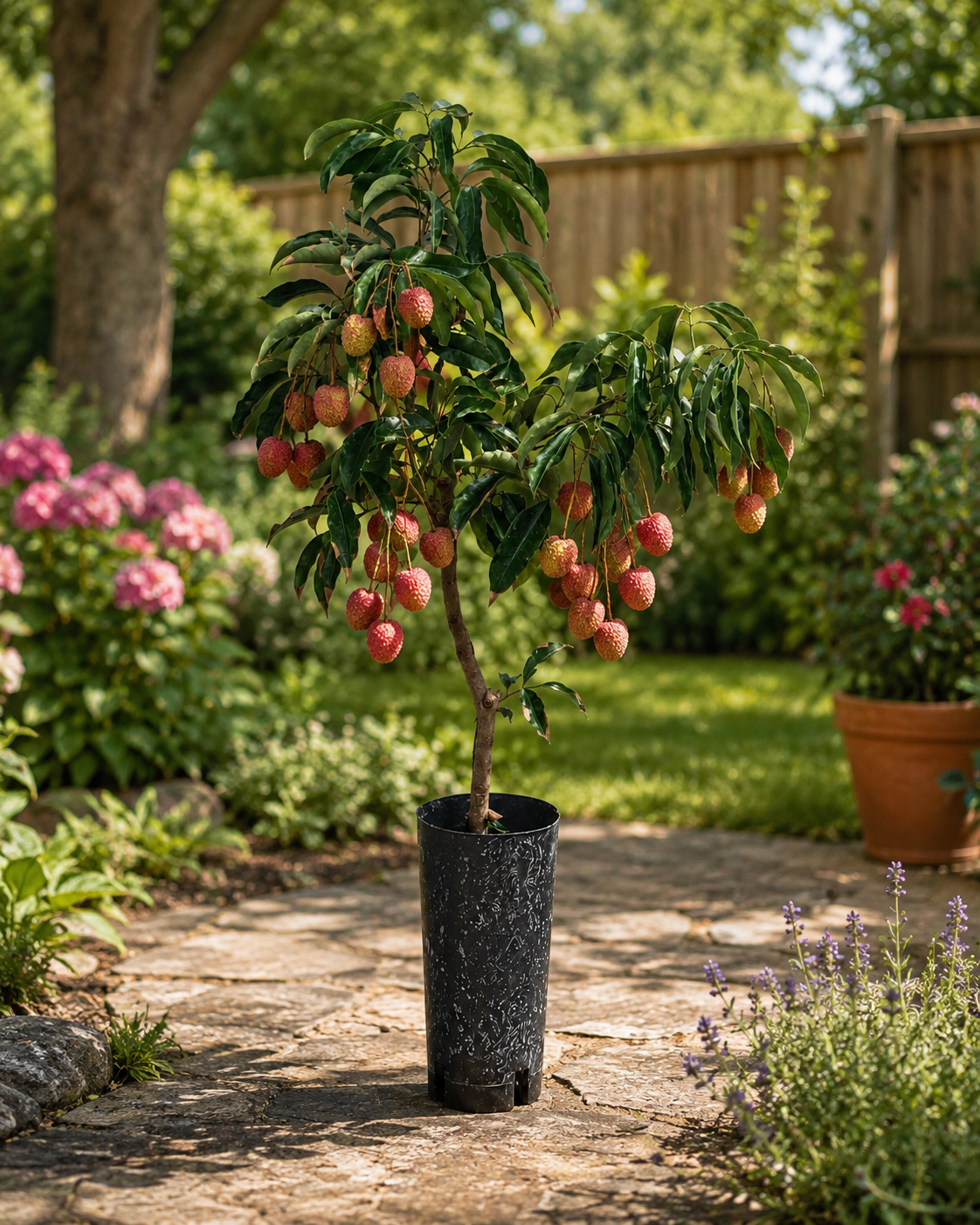 Litschi Kwai Mai Pink (Litchi chinensis Kwai Mai Pink) – Litschibaum, Lychee Pflanze, exotischer Obstbaum, immergrüne Kübelpflanze