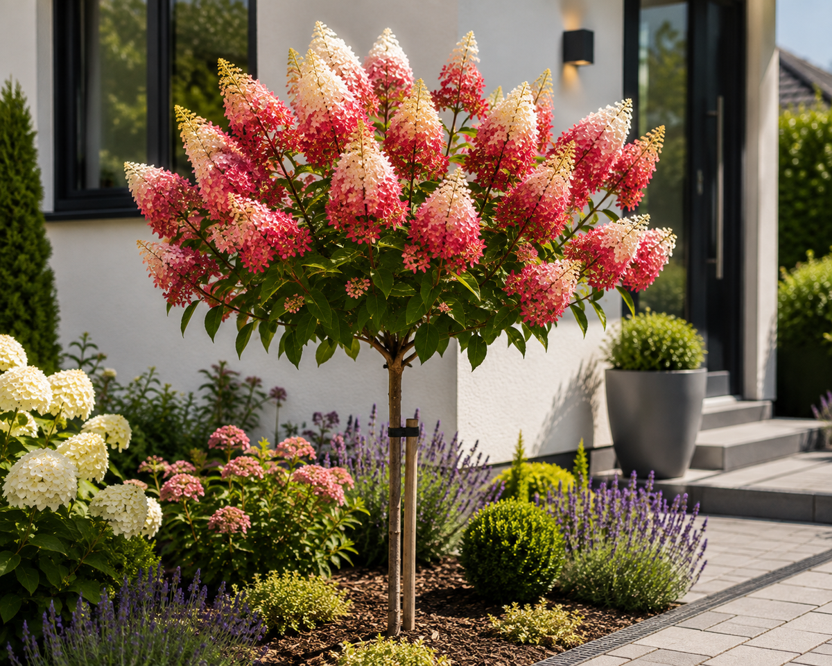 Hydrangea paniculata 'Wim's Red' Stämmchen 100–120 cm – Rispenhortensie auf Stamm – winterharte Blütenhortensie für Garten, Terrasse & Kübel