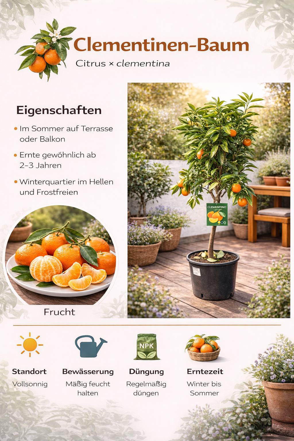 Clementinenbaum Citrus × clementina 130-170 cm – Winterharte Klementine für Garten & Kübel