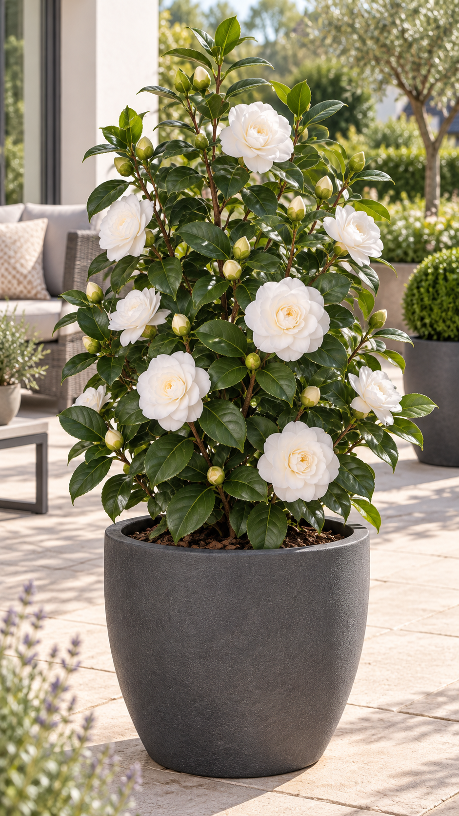 Weiße Kamelie ca. 50 cm – Camellia, immergrüne Blütenpflanze für Garten, Terrasse und Kübel