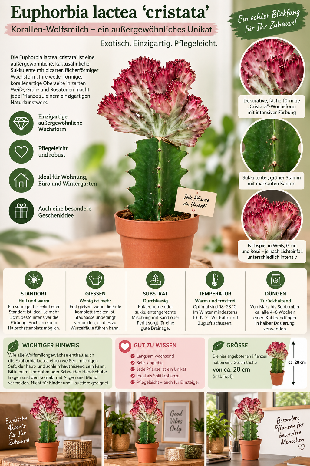 Rote Euphorbia lactea ‘Cristata’ ca. 20 cm im 8,5-cm-Topf – roter Korallenkaktus als außergewöhnliche Zimmerpflanze
