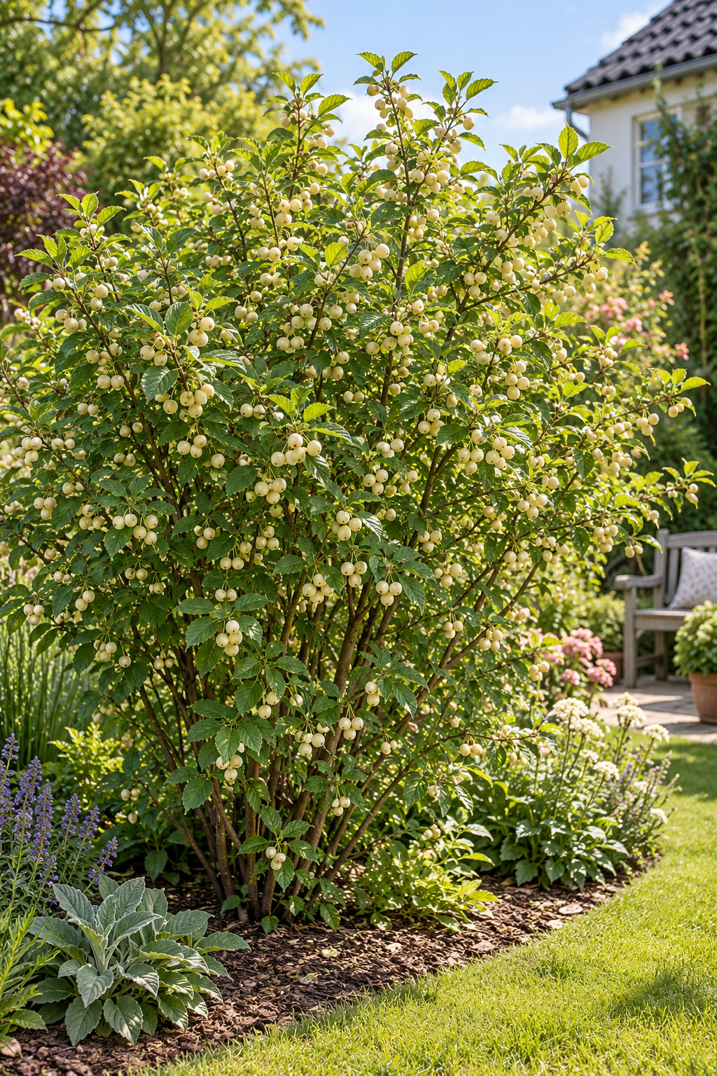 Filzkirsche ‘White Ninja’ – Prunus tomentosa – winterharter Obststrauch mit weißen Kirschen – 40–60 cm inkl. Topf