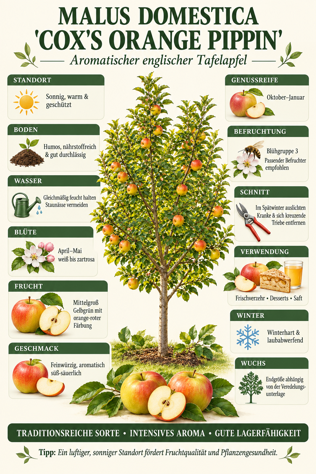 Apfelbaum ‘Cox Orange’ 100–120 cm – Malus domestica ‘Cox’s Orange Pippin’, aromatischer Gartenapfel & Obstbaum