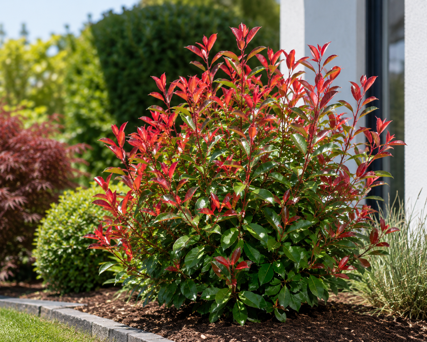 Rote Glanzmispel Red Robin 40–60 cm – Immergrüne Heckenpflanze, Photinia fraseri, winterhart, rote Austriebe