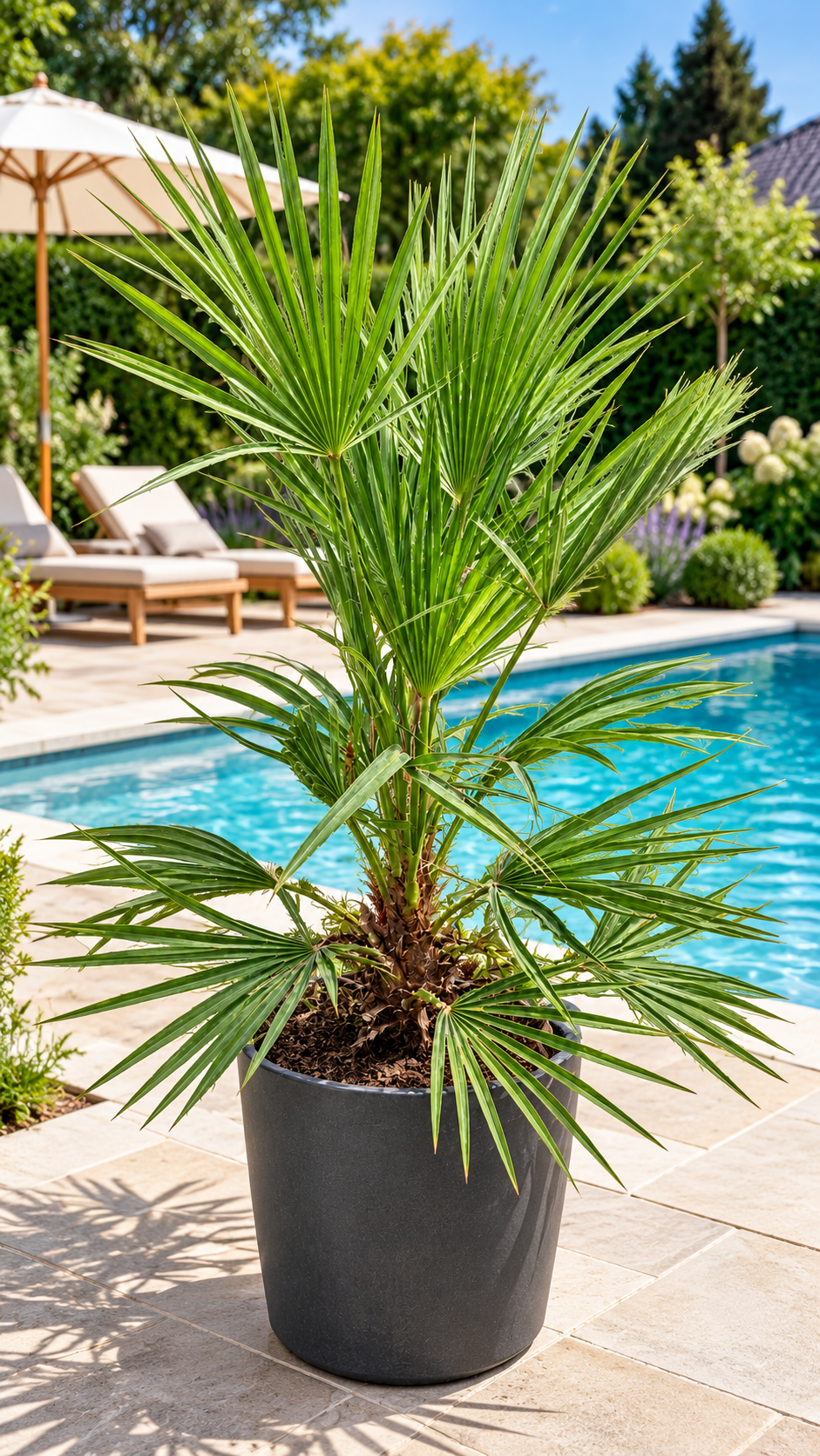Zwergpalme ‘Vulcano’ – Chamaerops humilis – kompakte, immergrüne Fächerpalme für Balkon & Terrasse – ca. 80 cm inkl. Topf