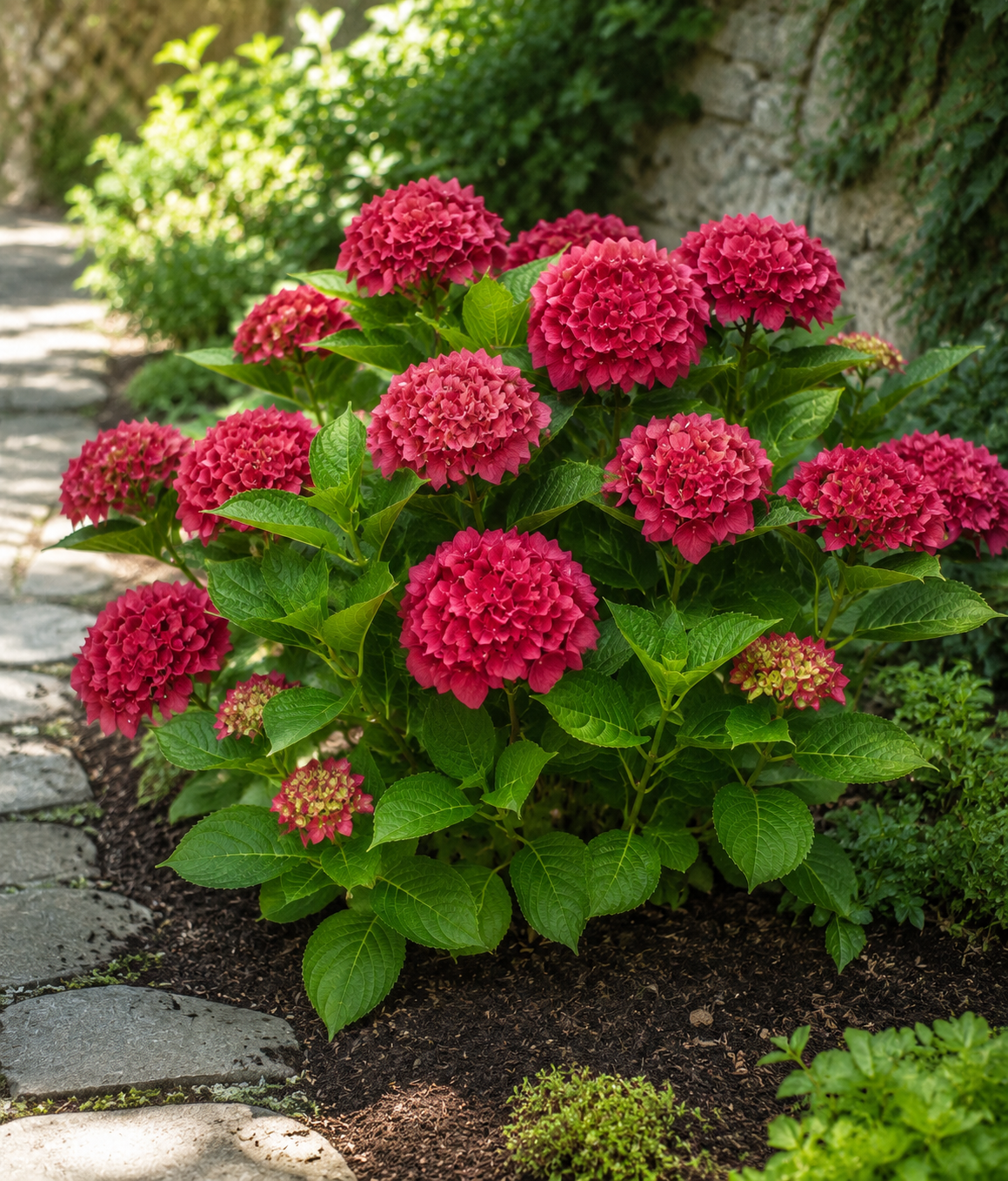 Hortensie ‘Alpenglühen’ – rote Bauernhortensie Hydrangea macrophylla im 2-Liter-Topf