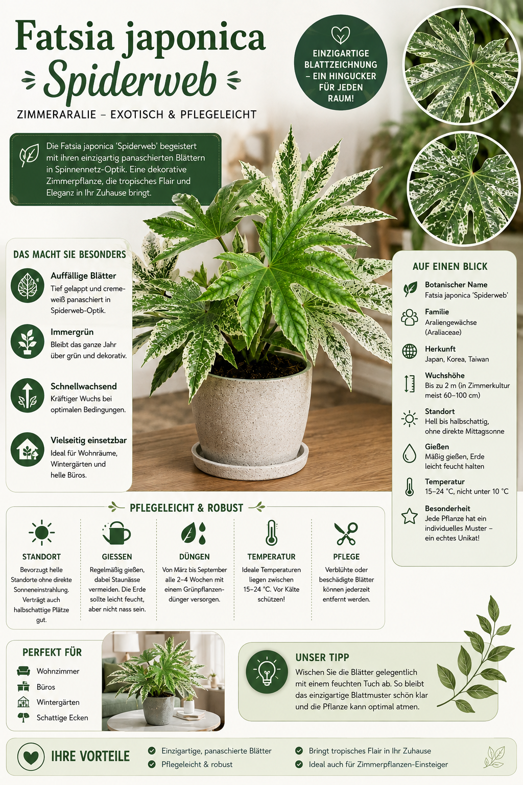 Fatsia japonica 'Spiderweb' 30–40 cm – Panaschierte Zimmeraralie | Immergrüne Zimmerpflanze für Wohnzimmer, Büro & Wintergarten