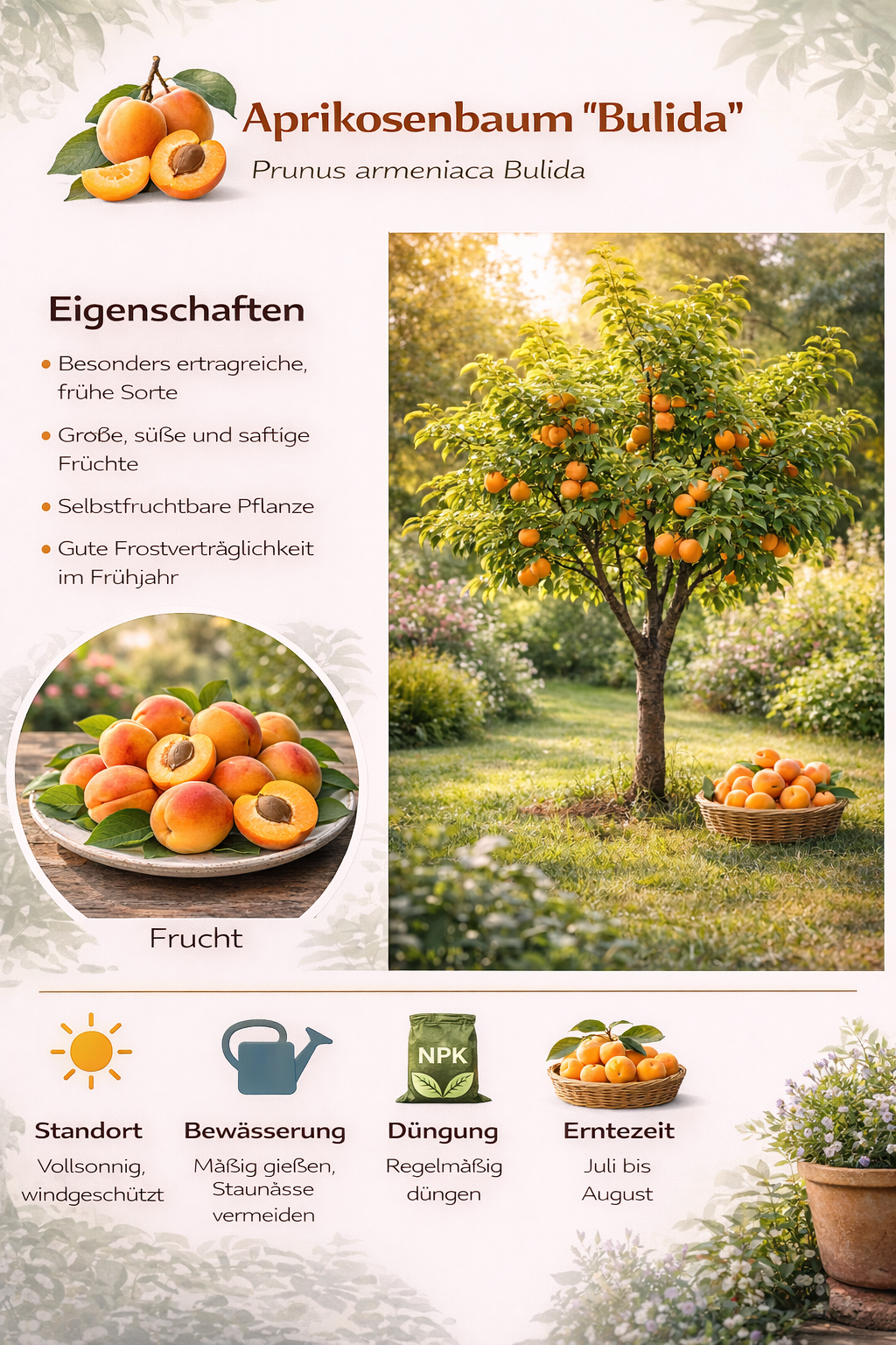 Aprikosenbaum Prunus armeniaca ‘Bulida’ – Winterharte Aprikose / Marille, Obstbaum 100–140 cm