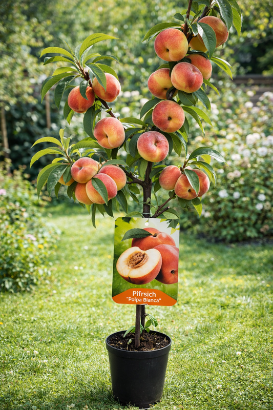 Pfirsichbaum Prunus persica ‘Polpa Bianca’ – Weißfleischiger Pfirsich, 100–140 cm, Obstbaum für Garten & Kübel